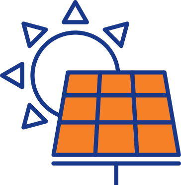 Icon of an orange solar panel with a stylized sun in the background, outlined in blue.