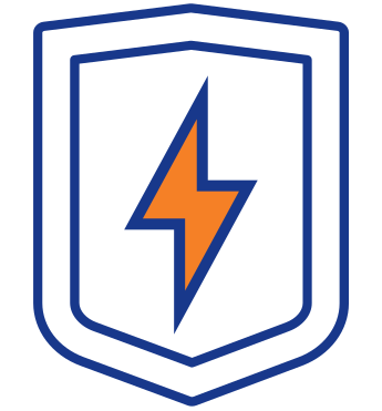A blue shield outline with an orange lightning bolt symbol in the center.