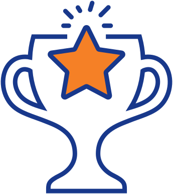 A blue outline of a trophy with an orange star in the center, emitting lines to indicate brightness.