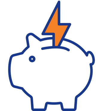 Simple piggy bank icon with an orange lightning bolt striking it, symbolizing energy savings or expenses.