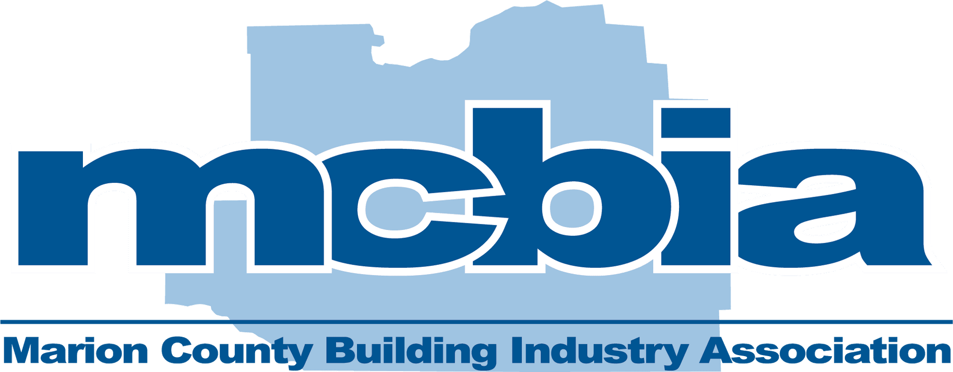 Logo of Marion County Building Industry Association, featuring "mcbia" in bold blue text over an outline of Marion County.
