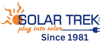 Logo for Solar Trek, featuring an orange sun design and a blue power plug graphic, with the slogan "plug into solar" and the text "Since 1981.