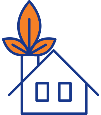 download (2) A blue and orange house with an orange leaf on top of it.