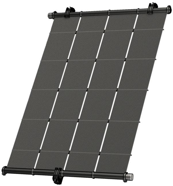 A rectangular solar pool heater panel with three parallel pipes on a black grid surface, designed for water heating.