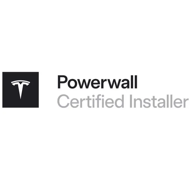 Black logo with a stylized "T" on the left and "Powerwall Certified Installer" text in black and gray on the right.