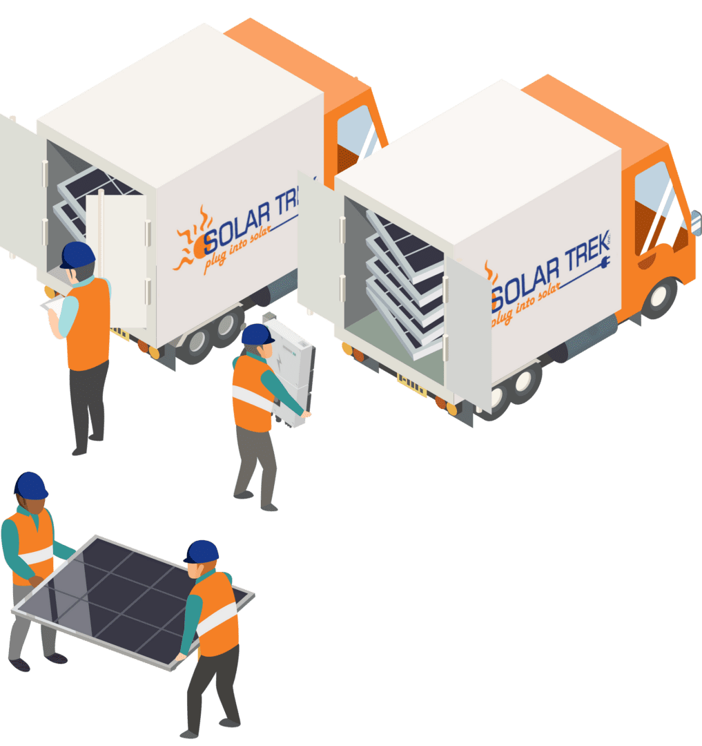 Two trucks with "Solar Trek" logos are being loaded with solar panels by workers in safety vests and helmets.