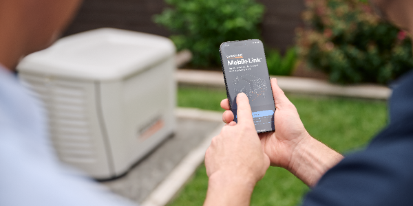 Person holding smartphone showing Mobile Link app outdoors.