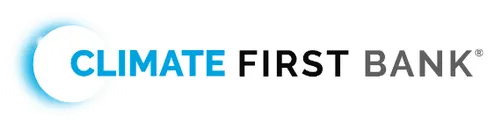 climate+first+bank Logo with the words "Climate First Bank" in black and blue text, next to a circular design with a subtle gradient effect.
