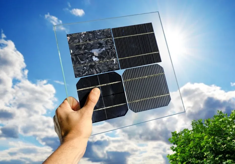 A hand holds a glass panel with four different types of solar cells against a bright blue sky, scattered clouds, and sunlight.