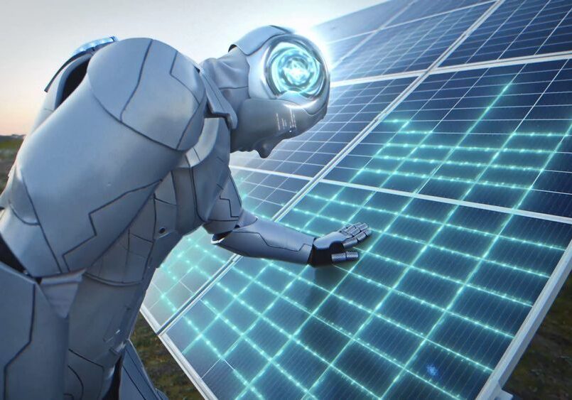 A futuristic robot touches a glowing solar panel.