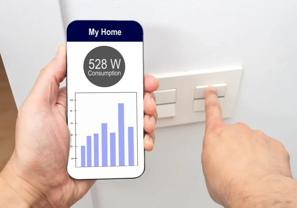 A person holds a smartphone displaying home energy consumption at 528 watts with bar graphs, while another hand is reaching to turn off a wall light switch.