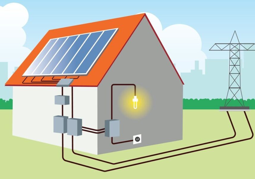 Illustration of a house with solar panels on the roof, connected to power lines, with a glowing light bulb inside, representing renewable energy use.
