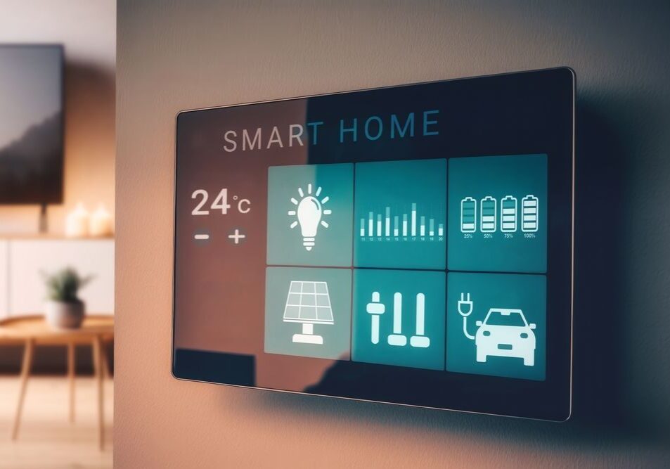 Close-up of a smart home control panel displaying temperature, light bulb icon, bar graph, battery status, solar panel, humidity symbols, and a car charging icon.