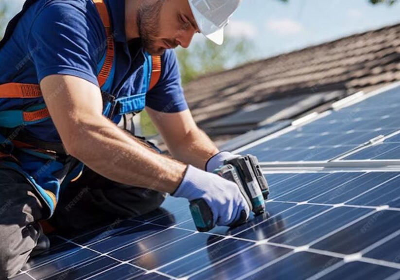 A worker wearing a hard hat and gloves installs solar panels on a rooftop, using a drill and wearing a safety harness.