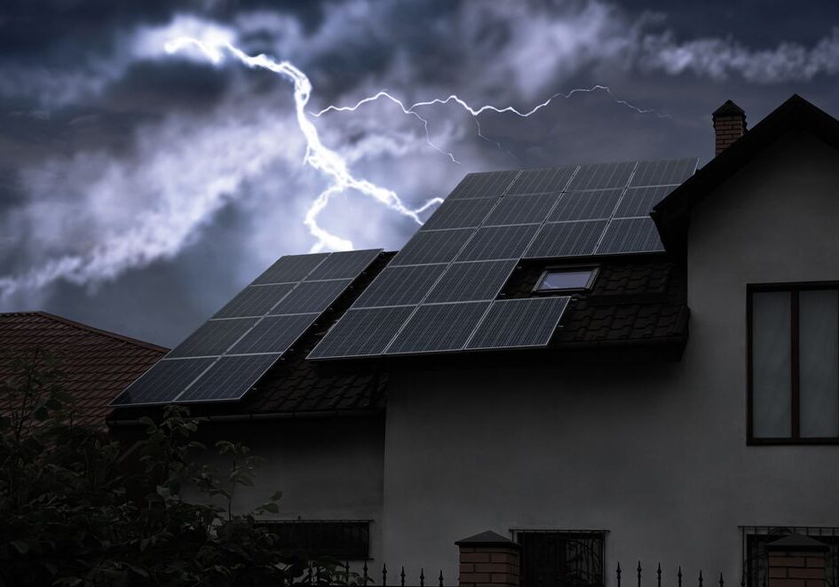 Solar panels on a house roof under a dark, cloudy sky with visible lightning in the background.